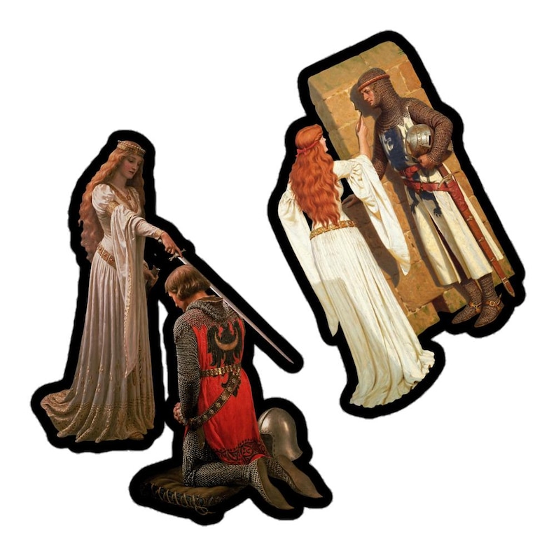 May include: Three medieval-themed stickers. One shows a woman in a white dress with a sword, kneeling knight in chainmail and red tunic. Another shows a woman in white with a knight. The third shows a knight in armor.