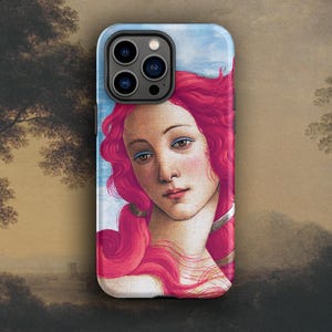 May include: A smartphone case featuring a portrait of a woman with pink hair and a light blue sky background. The artwork is a classical painting style, with the woman's face and hair prominently displayed on the case.