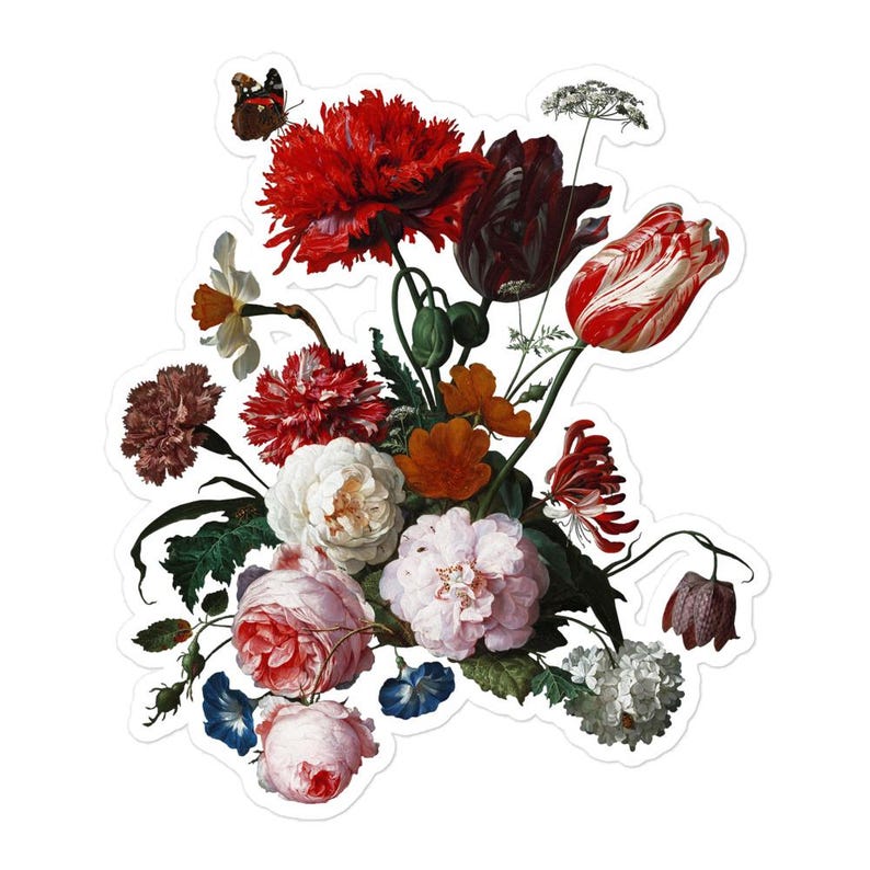 Pu&ograve; includere: Un adesivo con una natura morta floreale vintage. Il bouquet comprende garofani rossi, tulipani e rose, con una farfalla. I fiori sono nelle tonalit&agrave; del rosso, bianco, rosa e arancione, con foglie verdi.