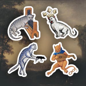 Set of 4 Weird Medieval Cats stickers, Medieval art sticker
