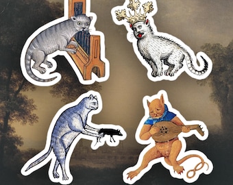 Set of 4 Weird Medieval Cats stickers, Medieval art sticker