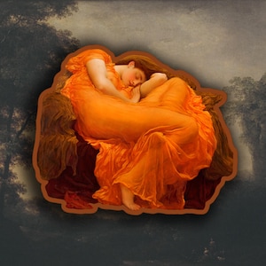 May include: An orange-toned sticker featuring a classical painting of a woman in a flowing orange dress, asleep. The artwork is set against a dark, blurred background with trees, creating a serene and artistic aesthetic.