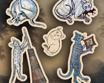 Set of 5 Weird Medieval Cats stickers, Medieval marginalia stickers