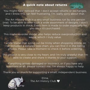 May include: A digital image with text, a frog illustration, and a cat illustration. The text reads "A quick note about returns" and discusses the shop's return policy, made-to-order model, and sizing information. The Art History Club.