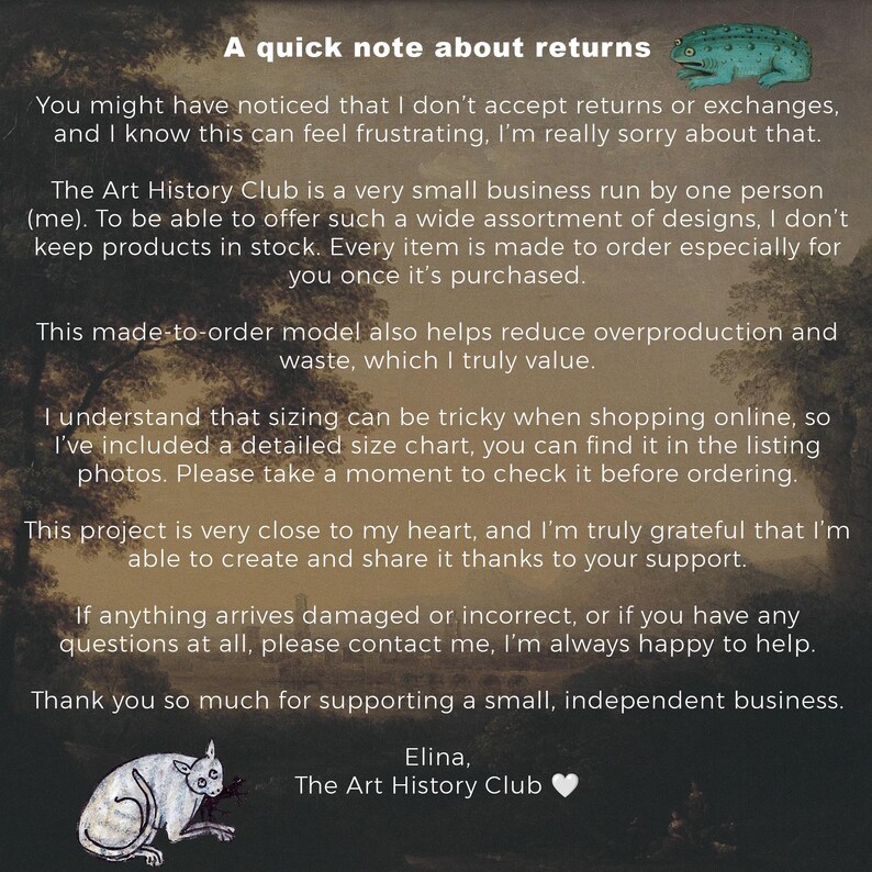 May include: A digital information graphic titled A quick note about returns, featuring white text on a dark landscape background. It includes a small green frog illustration at the top right and a white creature illustration at the bottom left.
