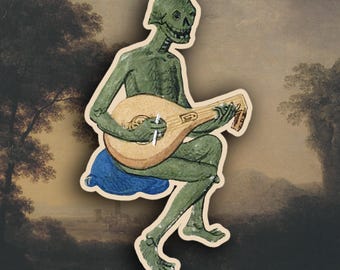 May include: A sticker featuring a green skeleton playing a lute. The skeleton is seated on a blue cushion, with a tan border around the image. The background is a landscape painting with trees and a river.