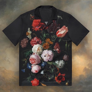 Unisex Black Floral Button up shirt, Art button up shirt, Fine Art shirt