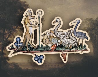 Weird Medieval sticker, Meme sticker, Funny Priest dog and birds, Medieval marginalia