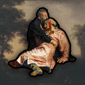 Könnte beinhalten: Ein digitales Kunstwerk, das eine historische Szene darstellt. Eine Figur in einem schwarzen Mantel umarmt eine andere in einem rosa Gewand. Der Hintergrund zeigt eine Landschaft mit Bäumen, alles in einer gedämpften Farbpalette.