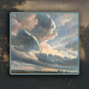 May include: An oil painting of a dramatic sky filled with large, fluffy clouds in shades of gray, white, and peach. The clouds are illuminated by sunlight, with a distant horizon line featuring a silhouette of buildings.