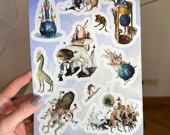 May include: A set of 10 colorful stickers featuring whimsical illustrations of fantastical creatures, including a giraffe, an owl, a bird, and a castle. The stickers are printed on white paper with a blue background.