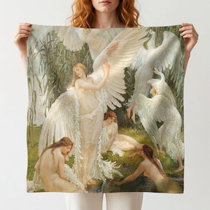 May include: A square scarf with a classical painting of women with swan wings and swans in a natural setting. The artwork has a soft colour palette with white, beige, and green tones. The scarf is held up by a person.