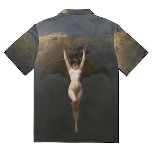May include: A short-sleeved button-down shirt in dark gray featuring a large, full-color graphic print of a winged figure with long dark hair floating against a cloudy, dark sky. The shirt has a classic collar and a straight hemline design.