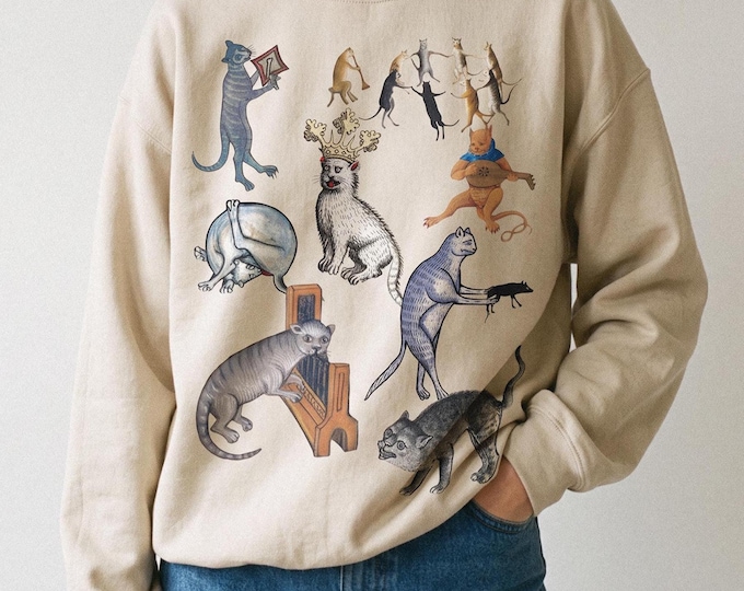 Unisex Weird Medieval Cat Party Sweatshirt, Medieval marginalia Crewneck Sweatshirt