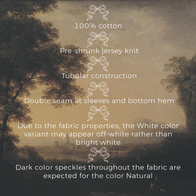 Puede incluir: Imagen con texto que detalla las propiedades de la tela. El texto incluye: 100% algod&oacute;n, punto de jersey pre-encogido, construcci&oacute;n tubular y doble costura en mangas y dobladillo inferior. Tambi&eacute;n indica que el blanco puede parecer blanquecino y se esperan motas oscuras.