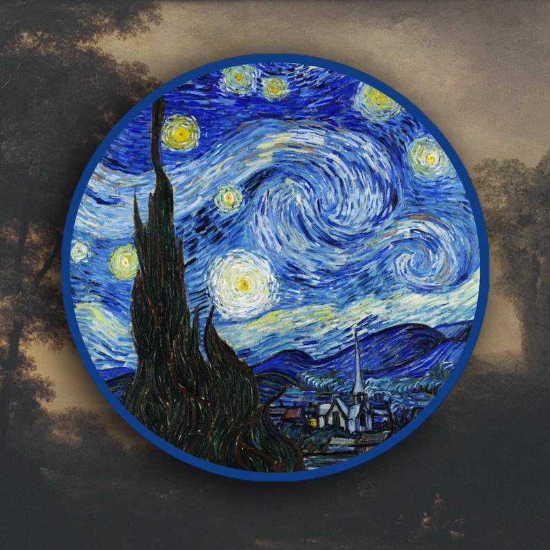 May include: A round, blue-bordered decorative item featuring a print of Van Gogh's "Starry Night" painting. The artwork depicts a swirling night sky with stars, a village, and a tall, dark tree.