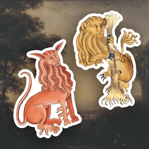 Set of 2 Weird Medieval Lions stickers, Medieval Marginalia sticker