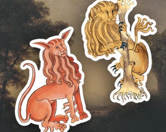 Set of 2 Weird Medieval Lions stickers, Medieval Marginalia sticker