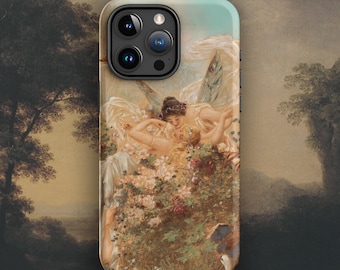 May include: A phone case with a vintage painting of two women in a garden setting. The women are wearing white dresses and are surrounded by flowers. The phone case is black and has a camera lens cutout.