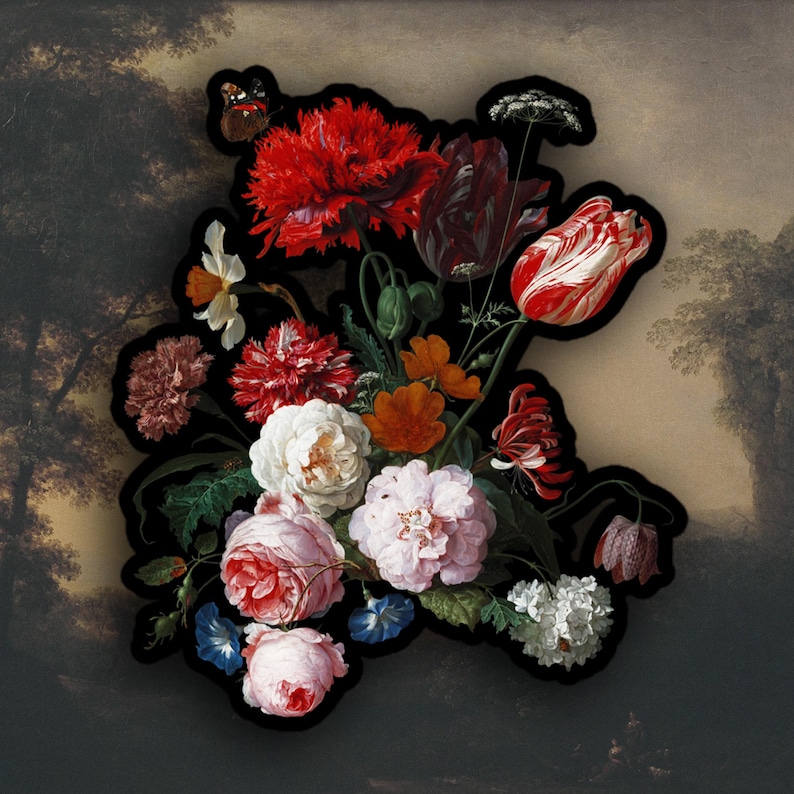 Pu&ograve; includere: Una vivace composizione floreale con fiori rossi, bianchi, rosa e arancioni, su sfondo scuro. Il bouquet include rose, tulipani e altri fiori, con un contorno nero. L'immagine ha un'estetica vintage.