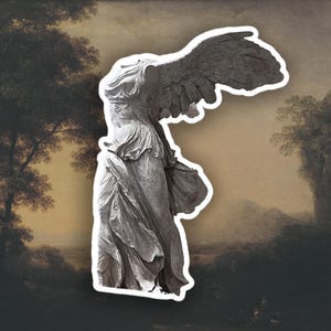 May include: A white marble statue of the Winged Victory of Samothrace, a Greek goddess of victory, with her wings spread wide. The statue is set against a backdrop of a painting of a landscape with trees and hills.