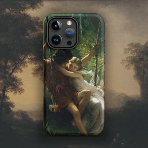 May include: A vintage-style phone case featuring a painting of a couple on a swing in a lush forest setting. The case has a black border and a clear protective layer over the artwork.