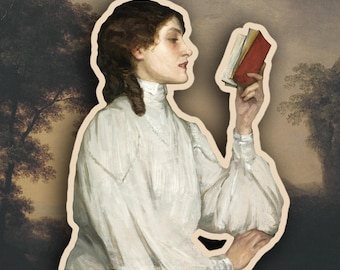May include: A sticker featuring a woman in a white dress reading a book with a red cover. The image is a painting with a vintage aesthetic, set against a backdrop of a landscape with trees and a dark sky.