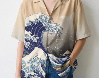 Camicia unisex con bottoni Hokusai - La Grande Onda di Kanagawa, camicia artistica con bottoni