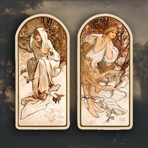 Juego de 2 pegatinas de Alphonse Mucha de invierno y primavera, pegatinas de Alphonse Mucha, pegatinas Art Nouveau