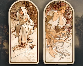Set of 2 Alphonse Mucha Winter and Spring stickers, Alphonse Mucha stickers, Art Nouveau stickers