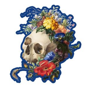 May include: A white human skull with a floral crown of yellow, red, blue, and purple flowers. The skull is surrounded by green leaves and stems.