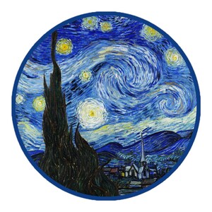 May include: Round artwork featuring a vibrant depiction of Van Gogh's "Starry Night." The painting showcases swirling blue skies, bright yellow stars, and a dark, textured foreground with a tall, dark tree. The artwork is framed with a blue border.