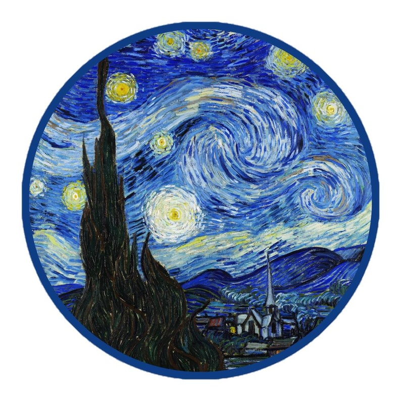 May include: Round artwork featuring a vibrant depiction of Van Gogh's "Starry Night." The painting showcases swirling blue skies, bright yellow stars, and a dark, textured foreground with a tall, dark tree. The artwork is framed with a blue border.