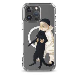 以下が含まれることがあります： 白い服を着た子供が黒猫を抱いている水彩画が描かれた透明な携帯電話ケース。アートワークは、白い円のある灰色の背景に設定されています。