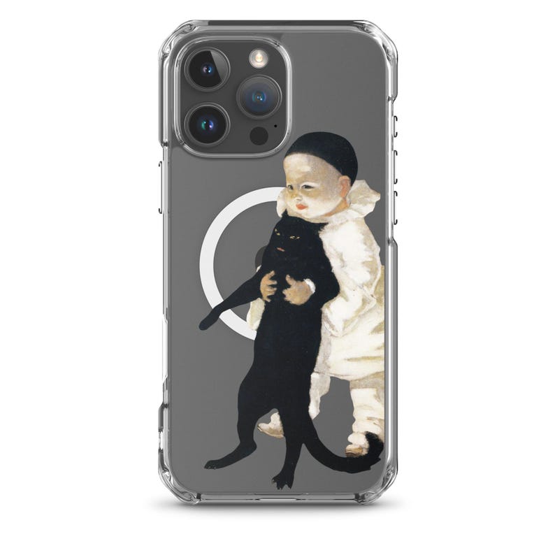 以下が含まれることがあります： 白い服を着た子供が黒猫を抱いている水彩画が描かれた透明な携帯電話ケース。アートワークは、白い円のある灰色の背景に設定されています。