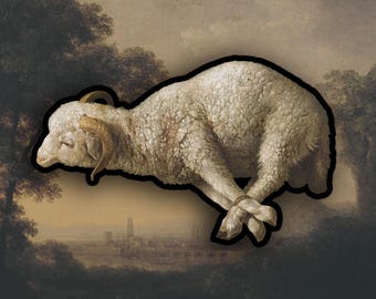 Può includere: Stampa artistica digitale raffigurante una pecora con corna arricciate e zampe legate, ambientata su uno sfondo di pittura paesaggistica. La pecora è bianca con un contorno nero, e lo sfondo mostra alberi e una città lontana.