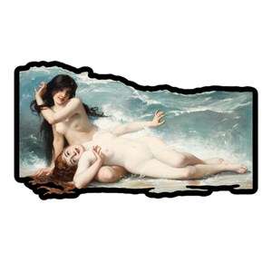 K&ouml;nnte beinhalten: Ein Aufkleber mit einem klassischen Gem&auml;lde von zwei nackten Figuren in einer Meereslandschaft. Eine Figur hat langes schwarzes Haar und die andere langes rotes Haar. Der Hintergrund zeigt einen st&uuml;rmischen Ozean mit Wellen.