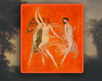 May include: An art print depicting three women in flowing gowns dancing against an orange backdrop. The women have flowing hair and ethereal fabrics, creating a sense of movement and grace. The artwork is framed in a red border.
