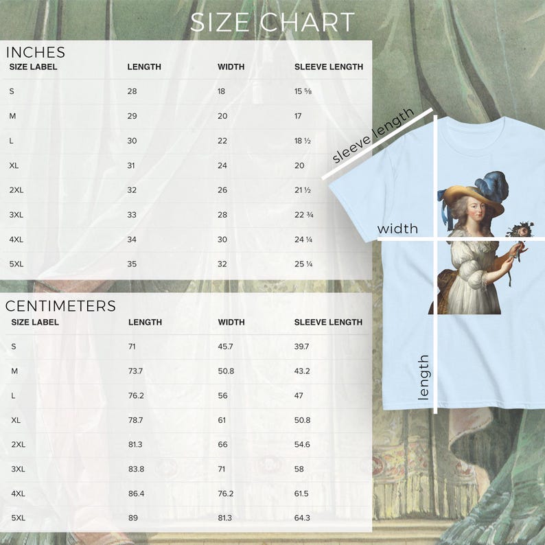 Puede incluir: Camiseta azul claro con un gr&aacute;fico de una mujer con un vestido hist&oacute;rico. La imagen incluye una tabla de tallas con medidas en pulgadas y cent&iacute;metros para largo, ancho y largo de manga.