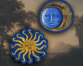 Set of 2 Medieval Sun and Moon stickers, Medieval Marginalia stickers