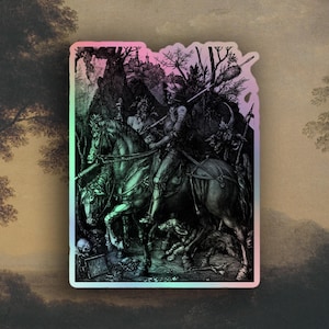 May include: A sticker depicting a black and white illustration of a knight on horseback, set in a forest scene with other figures and a dog. The sticker has a holographic border with green and pink tones.