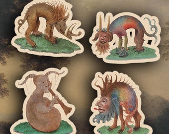 Conjunto de 4 adesivos de besta medieval estranha, adesivos de margem medieval