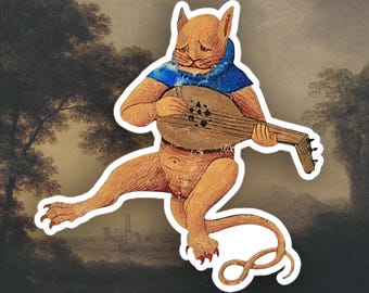 Pegatinas de gato melancólico medieval extraño tocando el laúd, pegatina de Marginalia medieval