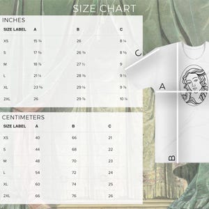 May include: White t-shirt with a black and white illustration of a woman's face. The image also shows a size chart in inches and centimeters, with measurements for XS to 2XL sizes. The chart includes measurements for A, B, and C.