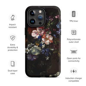 Puede incluir: Una funda de tel&eacute;fono negra con un dise&ntilde;o floral. La funda est&aacute; hecha de un material duradero y resistente a los impactos y tiene puertos abiertos para la conectividad. Tambi&eacute;n es compatible con la carga inal&aacute;mbrica.