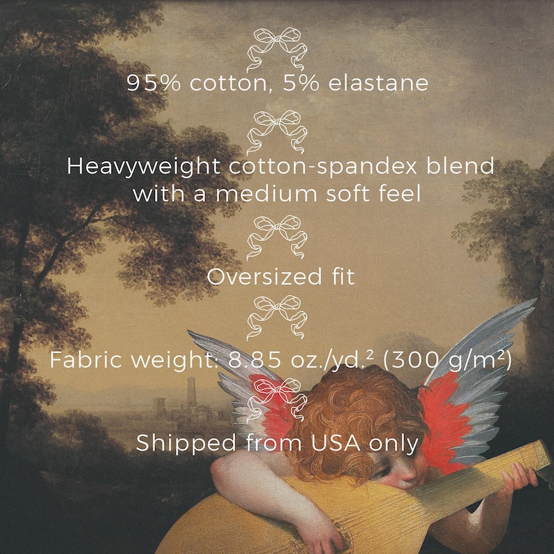 May include: A graphic featuring a cherub playing a lute against a landscape background with text: 95% cotton, 5% elastane, Heavyweight cotton-spandex blend with a medium soft feel, Oversized fit, Fabric weight: 8.85 oz./yd.&sup2;, and Shipped from USA only.