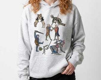 Sudadera unisex con capucha de batalla medieval extraña, sudadera con capucha de caballeros medievales marginalia