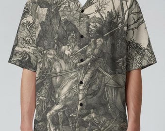 Camisa unisex con botones de Alberto Durero: Caballero, Muerte y Diablo, Camisa con botones de arte, Camisa de Bellas Artes