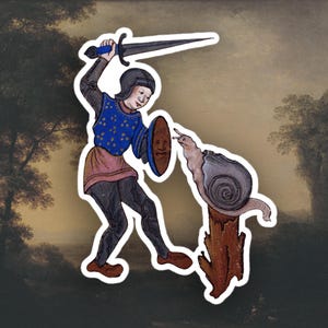 Weird Medieval Knight fighting snail Art sticker, Funny sticker