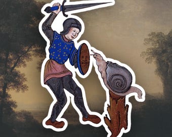 Weird Medieval Knight fighting snail Art sticker, Funny sticker
